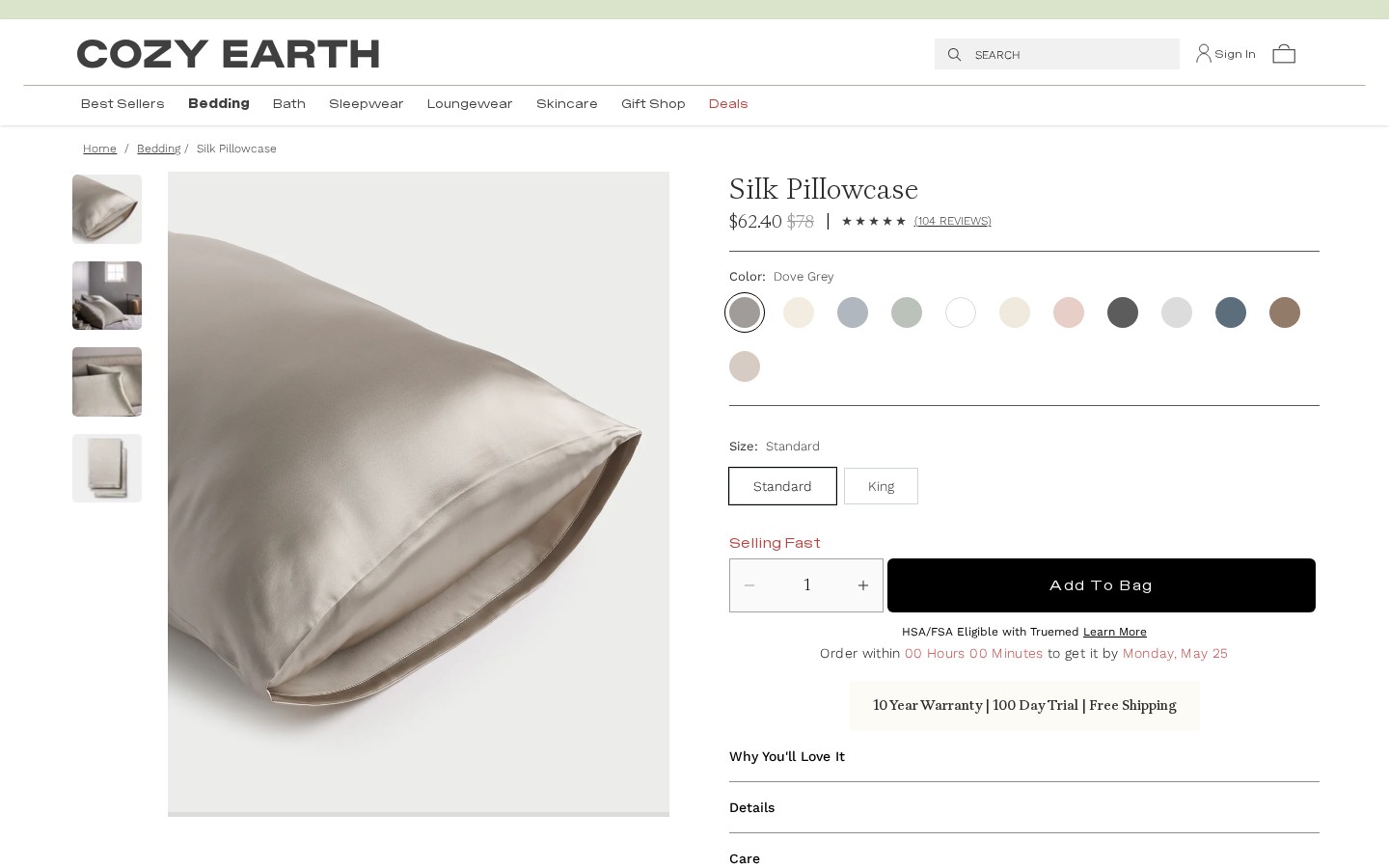 Cozy Earth Silk Pillowcase PDP