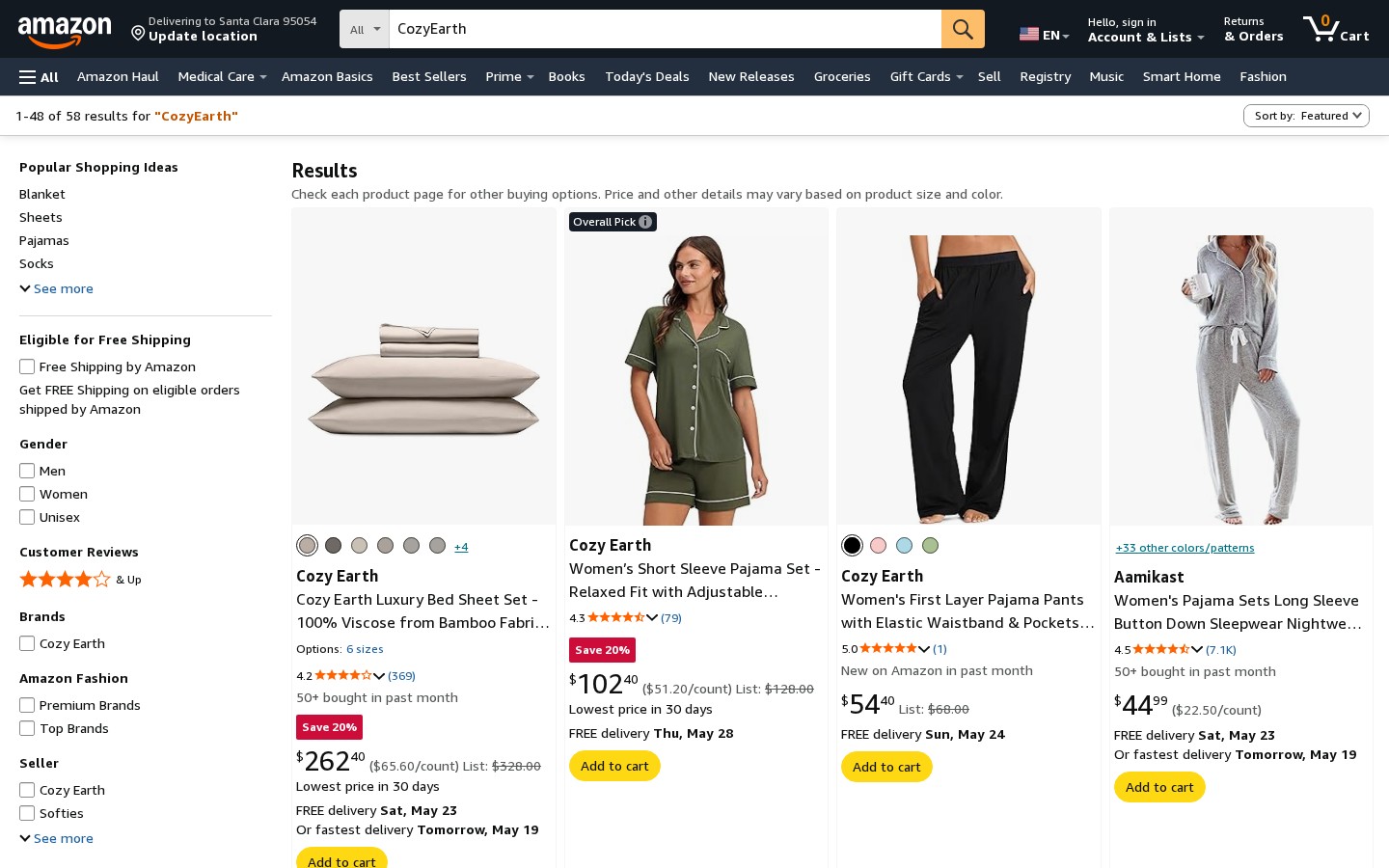 Cozy Earth Amazon storefront